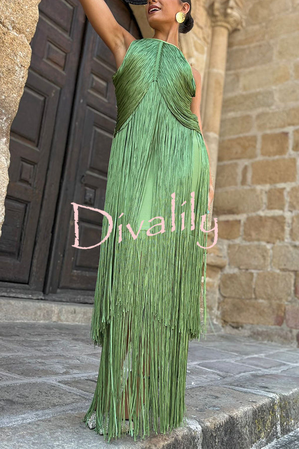 Fashion Sleeveless Halter Neck Elegant Tassel Slim Maxi Dress