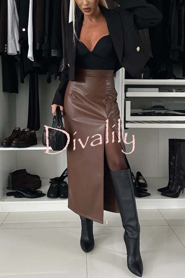 Excellent Partner Faux Leather High Rise Front Slit Stretch Midi Skirt