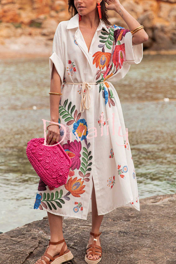 Plant Print Lapel Short Sleeve Waist Tie Loose Vacation Midi Dress
