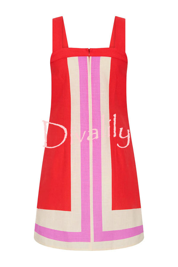 Mika Linen Blend Contrast Color Lines Square Neck Loose Mini Dress