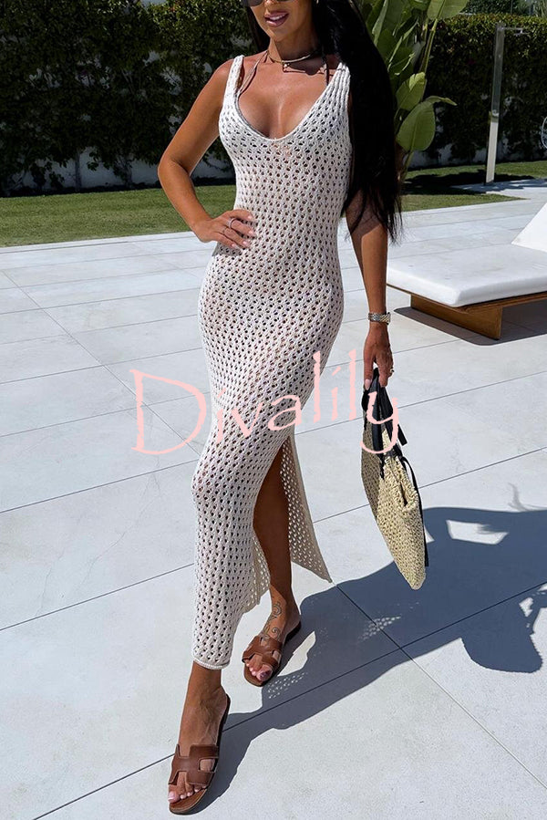Solid Color V-neck Hollow Beach Knitted Cover-up Midi Dress