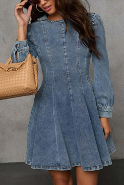 Fade Into You Denim Princess Line Back Zipper Flare Stretch Mini Dress