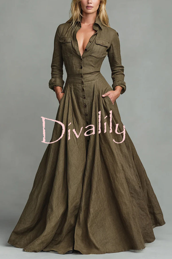 Linen Blend Lapel Pocket Single-breasted Shirt-style Casual Maxi Dress