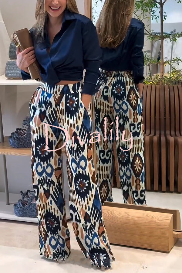 Emelia Unique Print Back Elastic Waist Pocket Wide Leg Pants