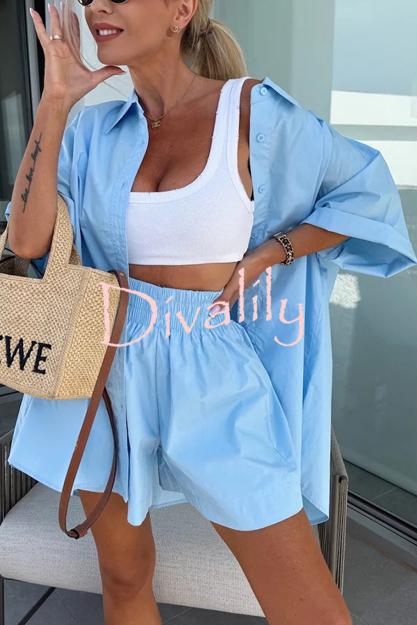 Summer Casual Loose Short-sleeved Shirt and Elastic High Waist Shorts Set