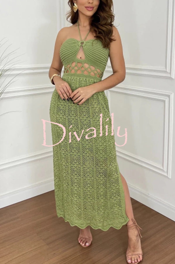 Avena Crochet Knit Cutout Waist Halter Texture Slit Maxi Dress