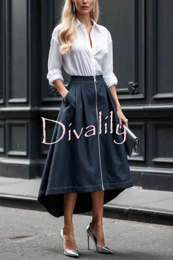 Effortless Charm Front Zipper Detail Pocketed High Low Pleated Midi Skirt