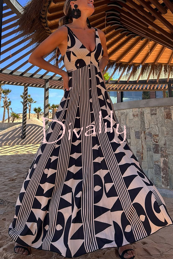 Sabine Geometric Print V-Neck Back Smocked A-line Maxi Dress