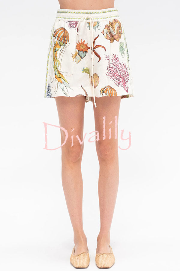 Beach Shell Print Short Sleeve Loose Shirt and Elastic Waist Tie Casual Pocket Shorts Set