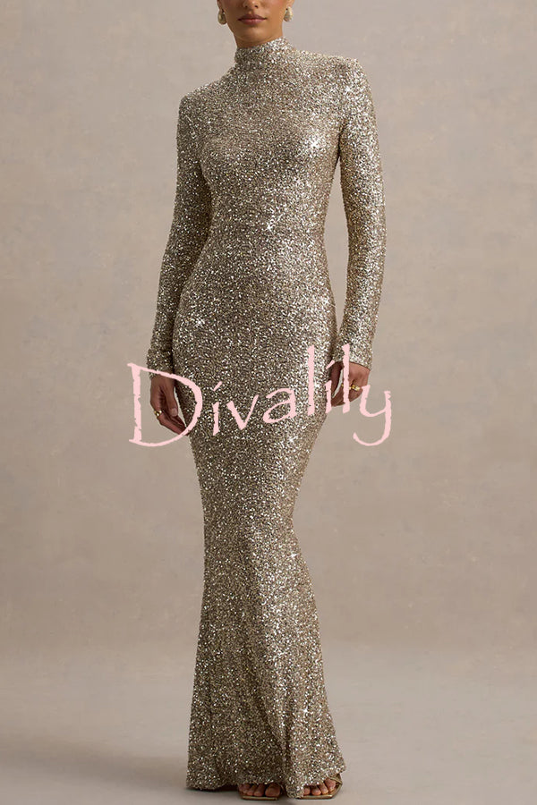 Galaxy Premium Sequin Turtle Neck Long Sleeve Maxi Dress