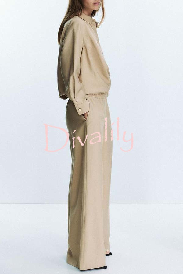 Juliette Cross-front Button Up Long Sleeve Shirt and Elastic Waist Pocket Loose Pants Set