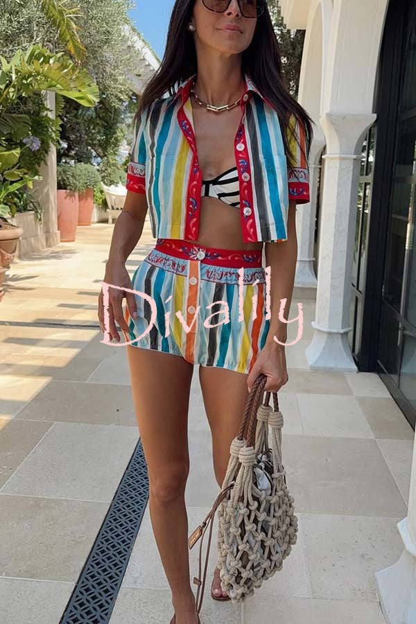Rainbow Mood Unique Print Short Sleeve Crop Shirt and Elastic Waist Loose Bloomers Set