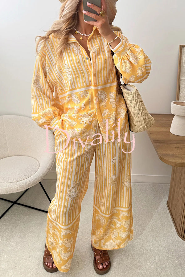 Holiday Style Unique Print Long Sleeve Lapel Loose Shirt and Elastic Waist Casual Pocket Pants Set
