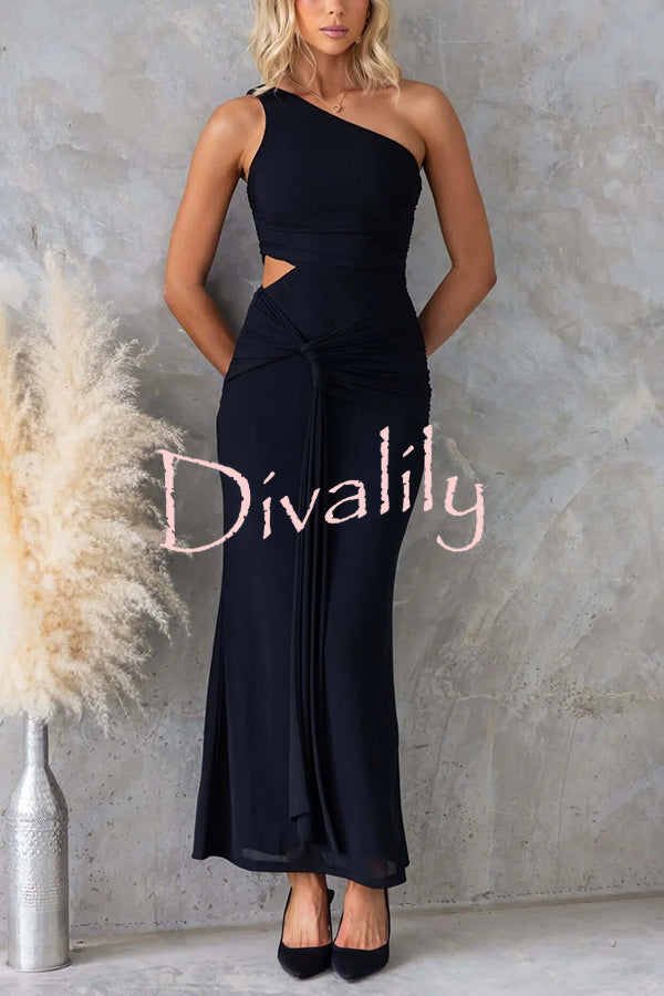 Solid Color Elegant Mesh One Shoulder Sexy Waist Hollow Out Maxi Dress