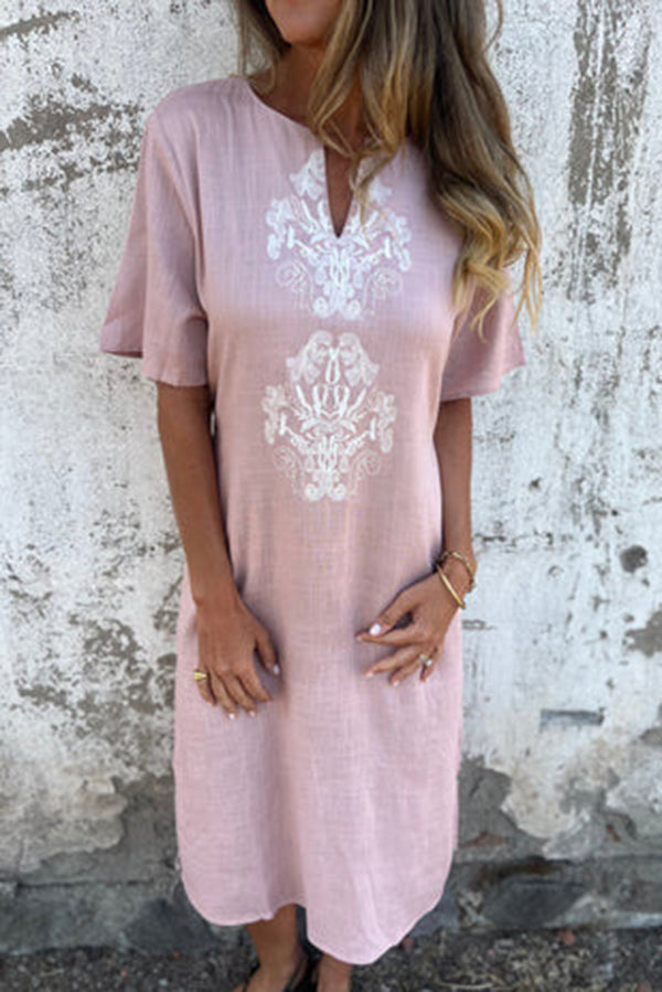 Embroidered Pattern V-neck Short-sleeved Loose Midi Dress