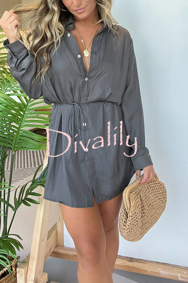 Solid Color Long Sleeve Button Casual Shirt-Style Rompers