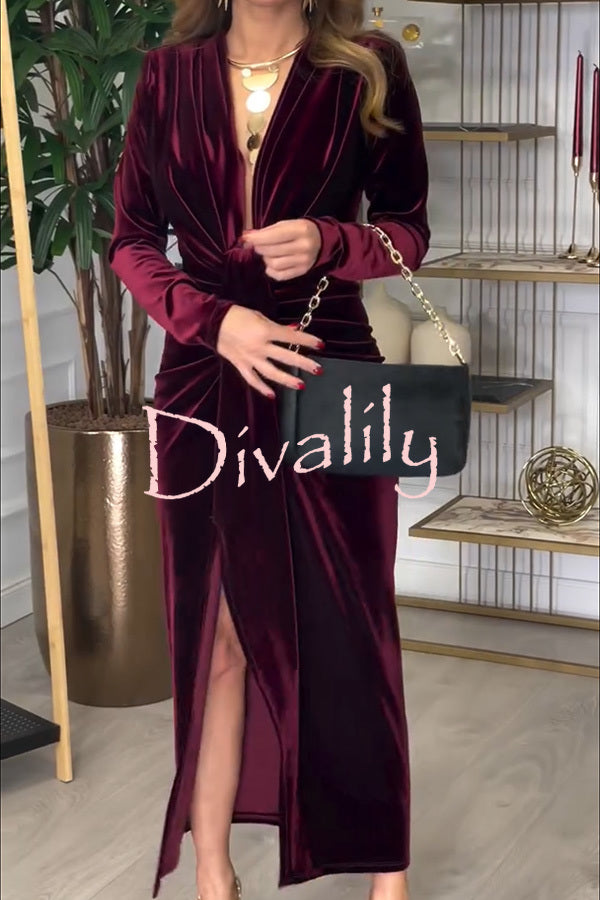 Creating Romance Velvet Ruched Drape Long Sleeve Stretch Maxi Dress