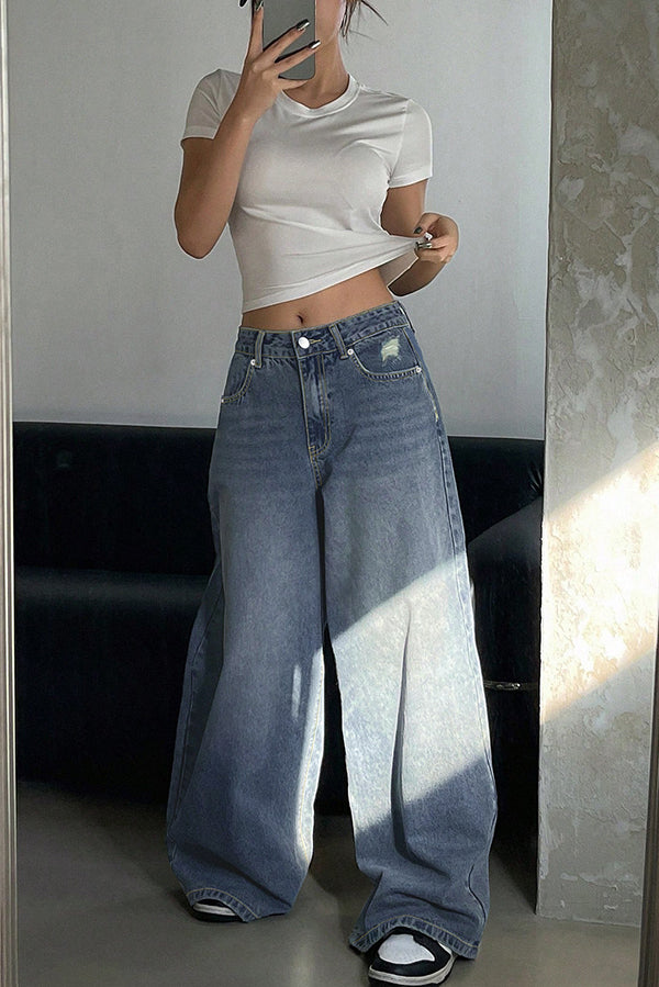Fashion Ripped Loose Casual Pocket Wide-leg Jeans