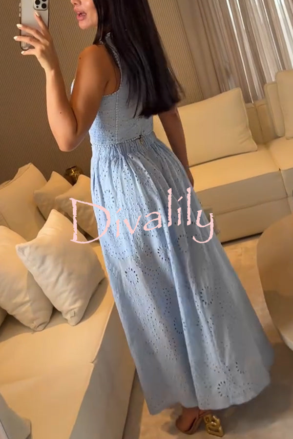 Kaya Embroidery Hollow Lace Back Smocked Tank and Elastic Waist A-line Maxi Skirt Set