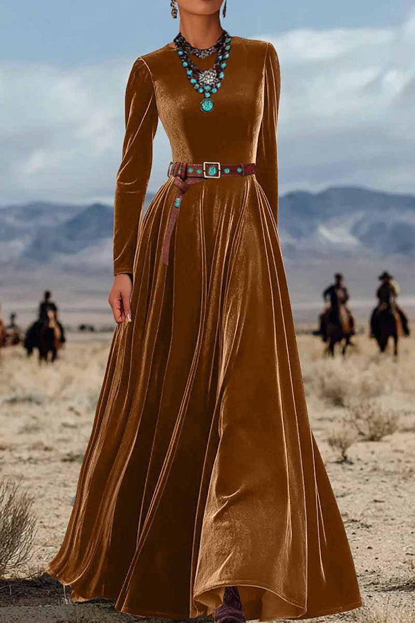 Solid Color Velvet Long Sleeve High Waist Elegant Maxi Dress