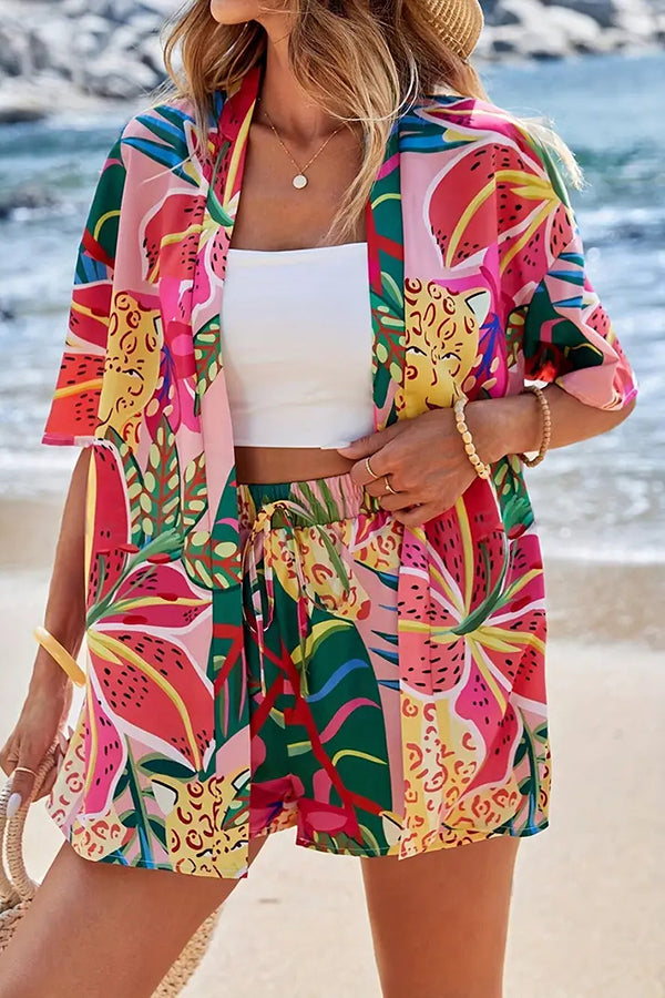 Unique Print Vacation Short-sleeved Cardigan Top and Elastic Waist Pocket Shorts Set