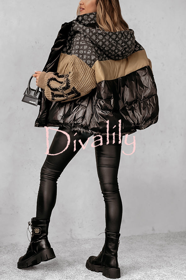 Stylish Denim Knit Long-sleeved Patchwork Hooded Pocket Thickened Jacket