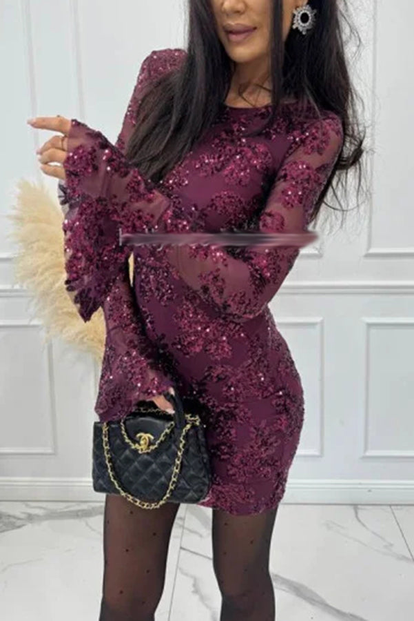 Deep and Dazzling Floral Texture Sequin Long Bell Sleeve Open Back Mini Dress