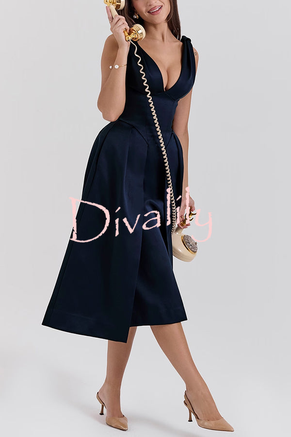 Midnight Charm Satin Twist Shoulder Straps Pocket Pleated Midi Dress