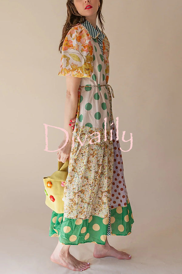 Linen Blend Unique Print Lapel Puff Sleeve Casual Midi Dress