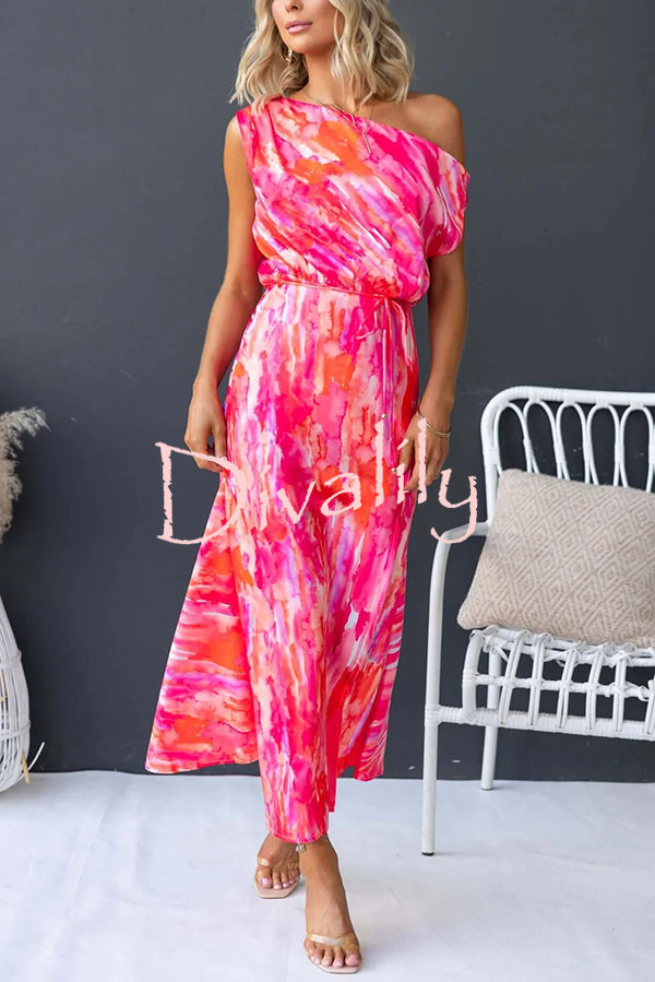 Satin Unique Print One Shoulder Tie Waist Slit Maxi Dress