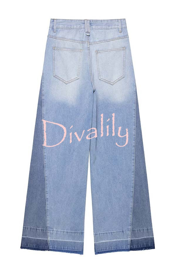 Ellison Denim Side Colorblock High Rise Pocket Wide Leg Jeans