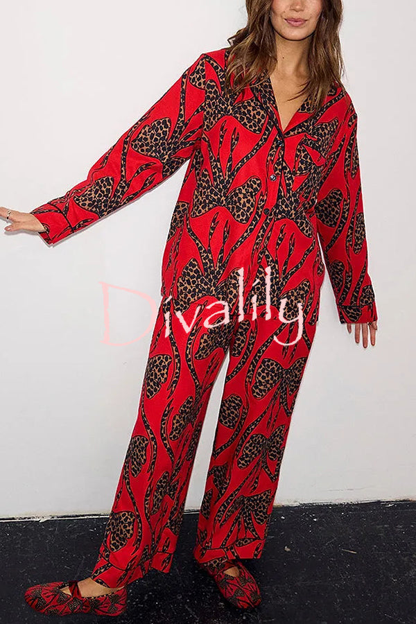 Stylish Colorblock Leopard Print Loose Shirt and Elastic Waist Pocketed Pajama Set