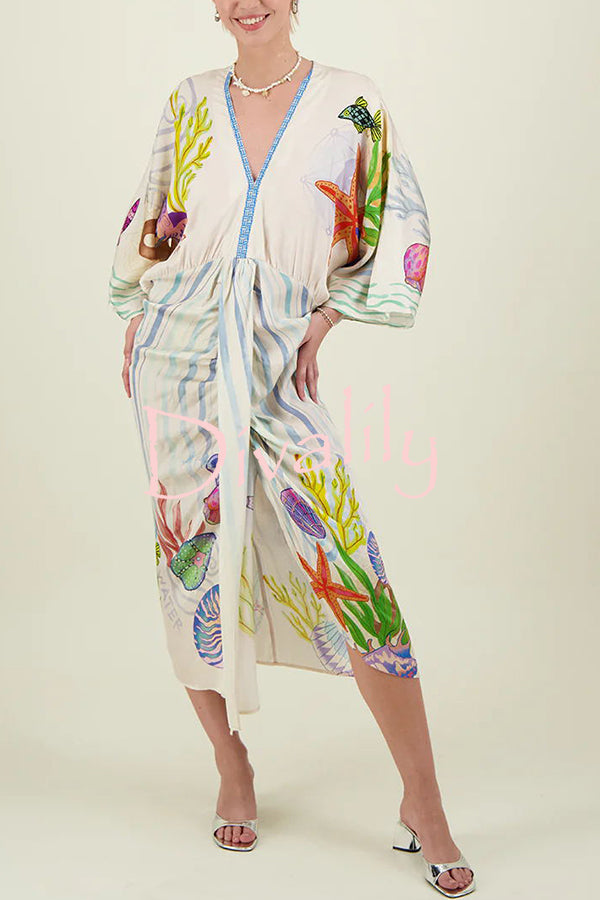 Coastal Seashell Satin Marine Elements Unique Print Drape Gathered Kimono Midi Dress