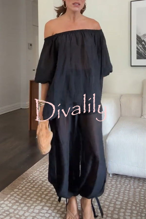 Comfortable Area Chiffon Off Shoulder Balloon Sleeve Top and Elastic Waist Knotted Bloomer Set