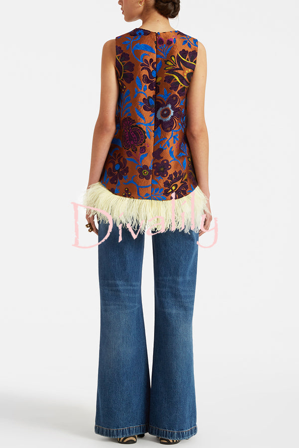 Emina Floral Feather Trim Trapezoidal Silhouette Asymmetrical Hem Top