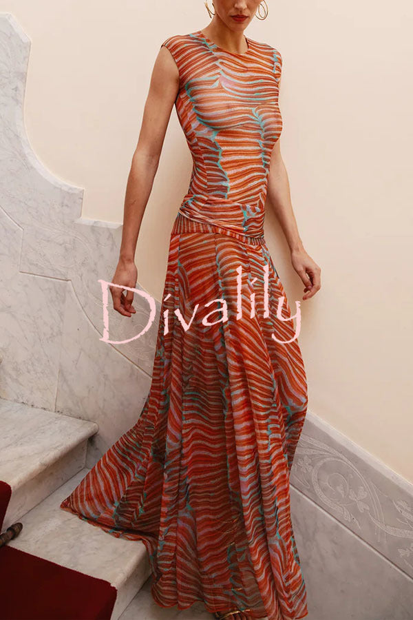 Bella Stretch Mesh Unique Print Bodysuit and High Rise Elastic Waist Maxi Skirt Set
