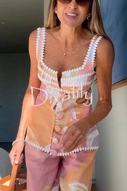 European Summer Linen Blend Ric Rac Trims Unique Print Button Tank