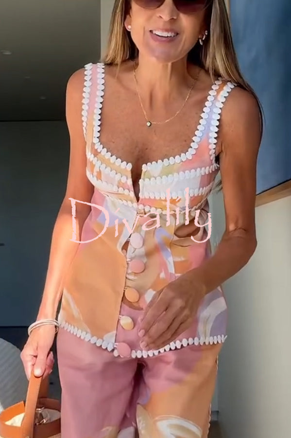 European Summer Linen Blend Ric Rac Trims Unique Print Button Tank