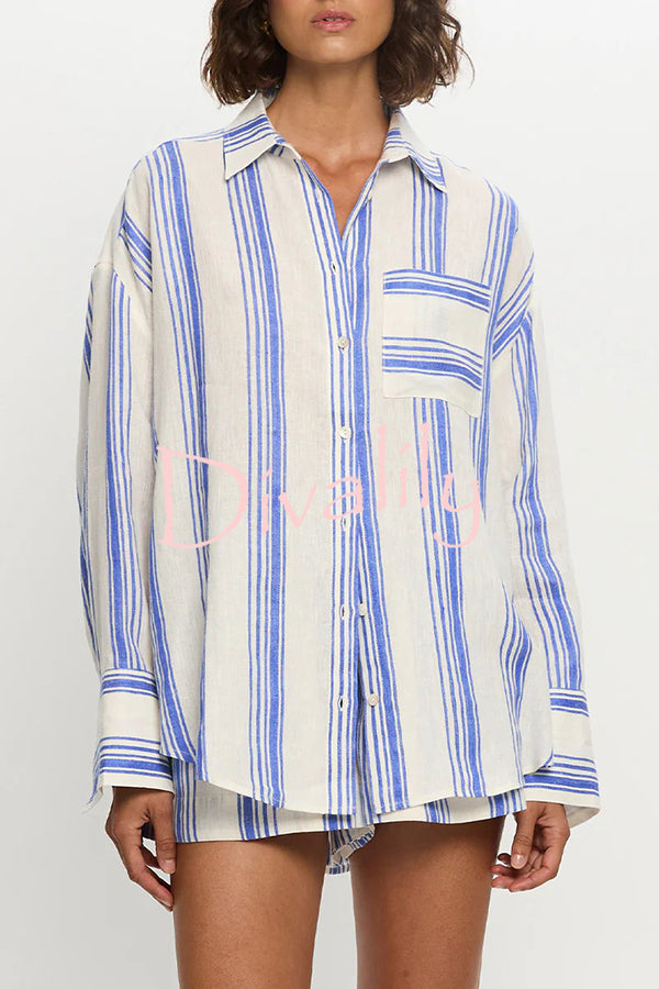 Stripe Print Lapel Long-sleeved Casual Shirt and Elastic Waist Loose Shorts Set