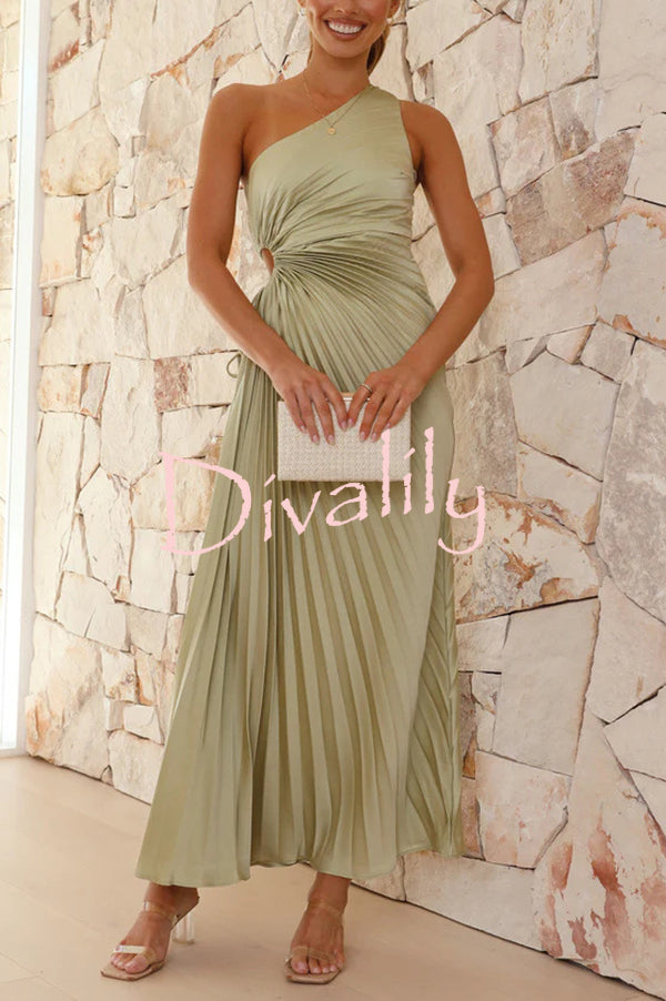 Charming One Shoulder Lace Up Cutout Pleated Maxi Dress