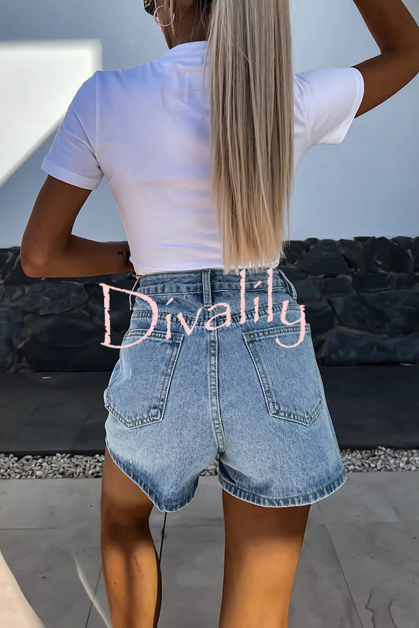 Fashion Rhinestone Loose Pocket Denim Shorts