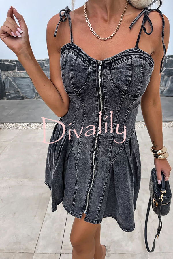 Sweet and Unique Washed Denim Center Front Zipper Stretch Mini Dress