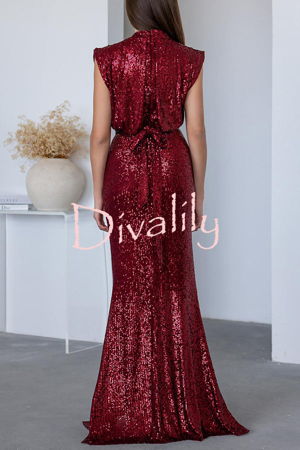 Dreamy Delights Sequin Wide Short Sleeve Back Tie-up Ruched Slit Maxi Dress