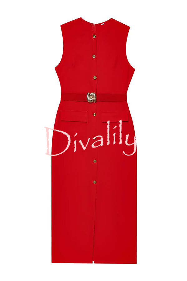 Danina Button Up Sleeveless Metal Belted Pocket Stretch Midi Dress