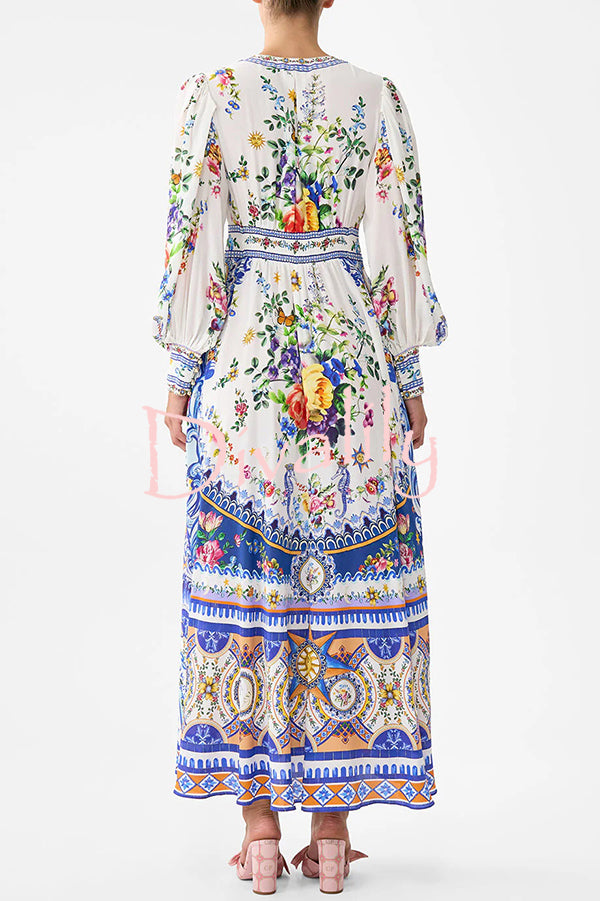 Fairy Tale Print V-Neck Lantern Sleeve Waist Maxi Dress