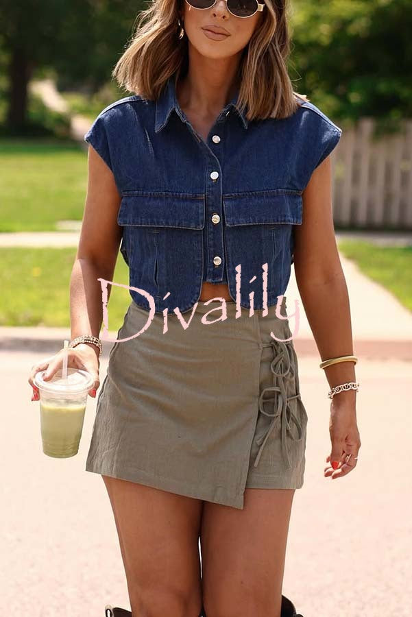Stylish Weekend Denim Button Up Cape Sleeve Pocket Crop Top
