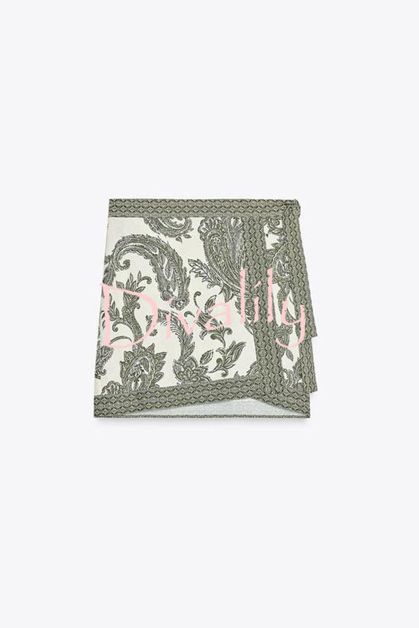 Blend Into Leaves Linen Blend Unique Print Long Sleeve Blouse and Wrap Tie-up Mini Skirt Set