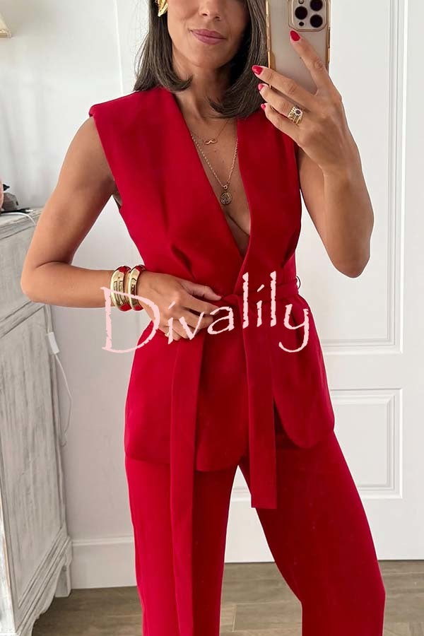 Keep It Classic V-neck Belted Vest and Mid Rise Pocket Wide Leg Pants Set