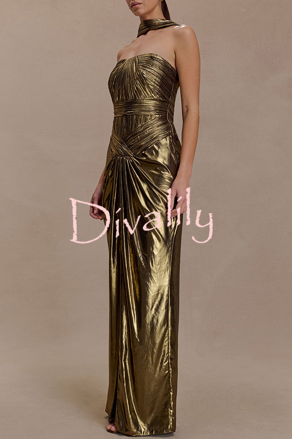 Clemence Plisse Metallic Fabric Reverse Halter Beck Strap Drape Slit Maxi Dress