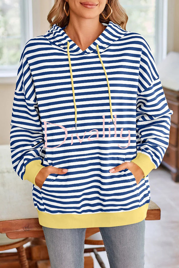 Striped Print Long Sleeve Pocket Loose Hoodie